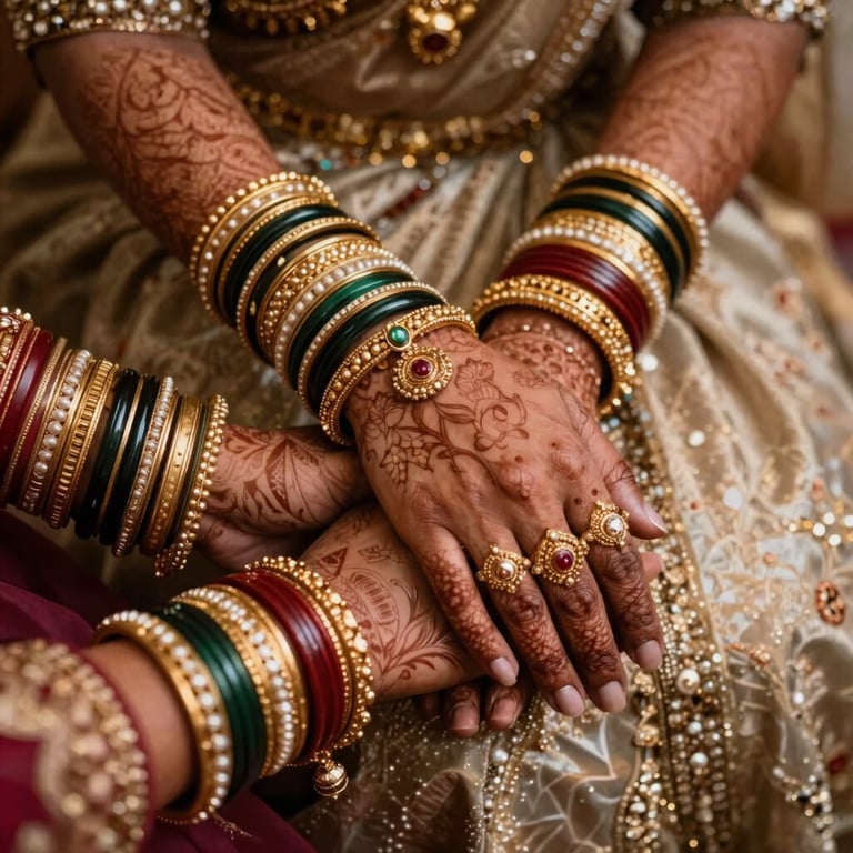 South Asian bridal hands adorned with a mix of contemporary and traditional gold-plated bracelets.