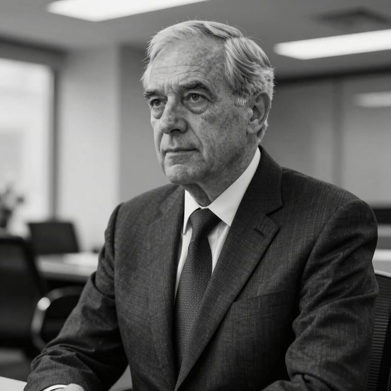 Professional black and white portrait of a senior male lawyer in a dark tailored suit, looking thoughtfully slightly off-camera in a modern office setting.