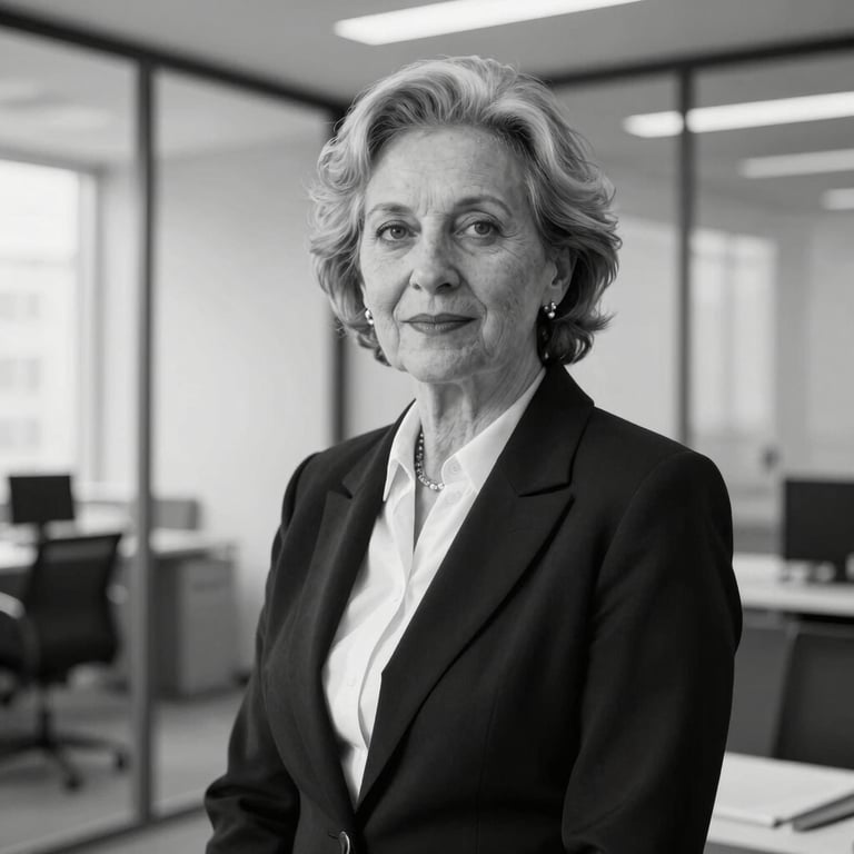 Professional black and white portrait of a senior female lawyer in elegant business attire, in a bright modern office with glass partitions in the background.