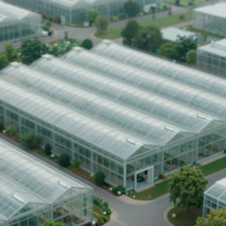Aerial view of a minimalist, futuristic greenhouse facility bathed in soft silver and emerald light.