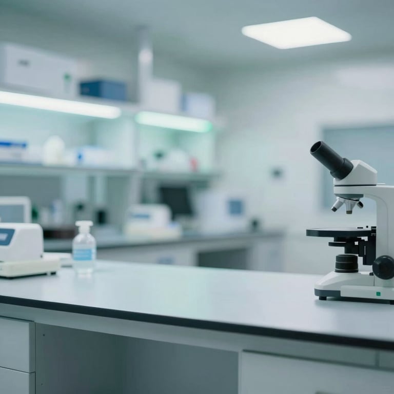 A high-end laboratory workstation with clean glass surfaces and soft green ambient lighting.