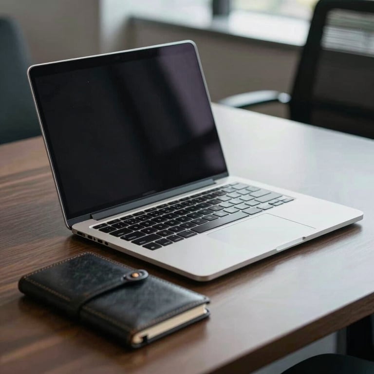 A sleek, silver laptop and a leather notebook on a polished desk in a North American / US corporate suite, featuring Dark Slate accents.