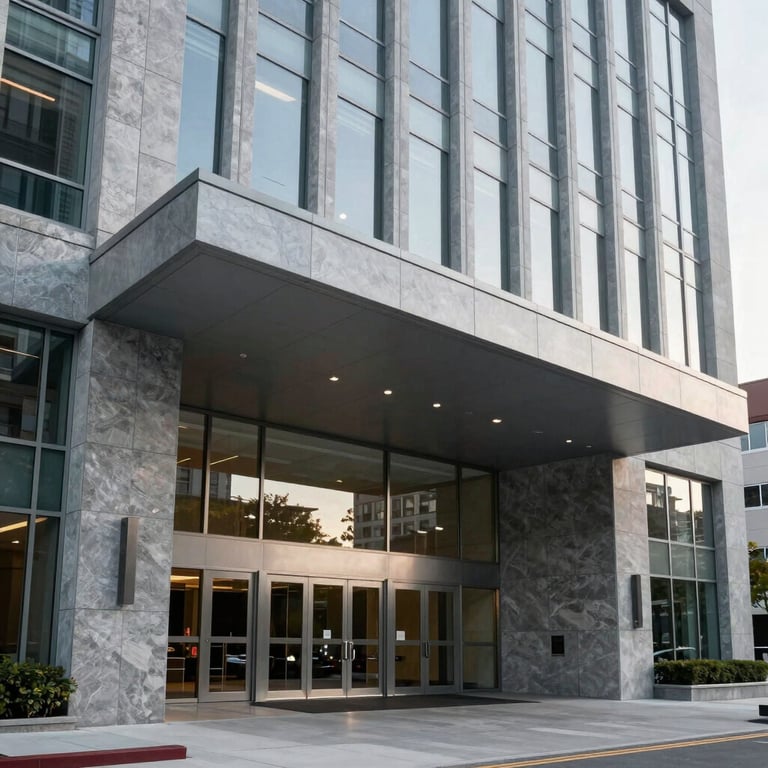 The clean lines of a modern North American / US corporate headquarters entrance, emphasizing Silver Grey stone and glass.