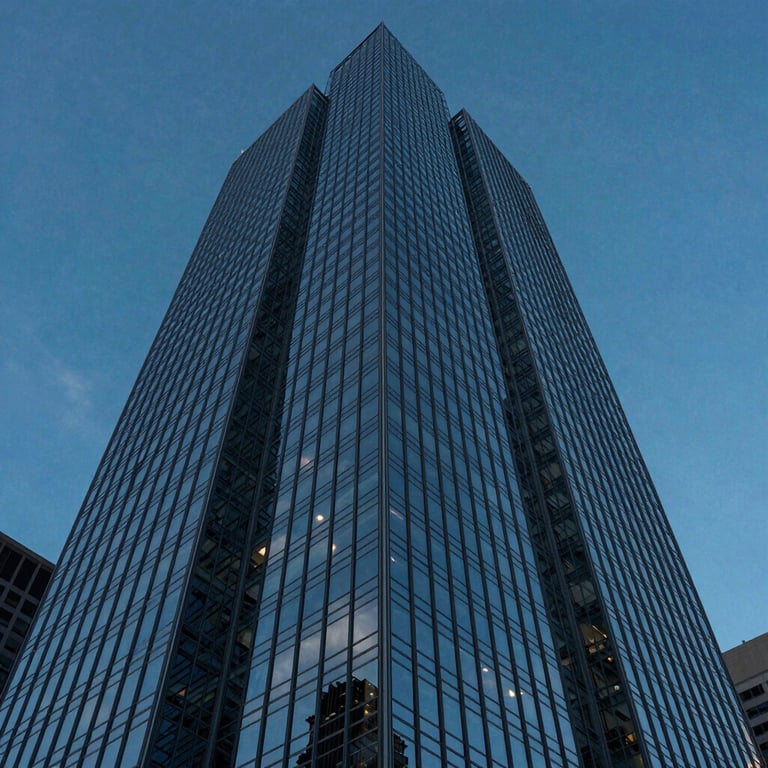 Abstract upward view of a glass skyscraper in a North American / US city, reflecting a clear Midnight Blue sky.