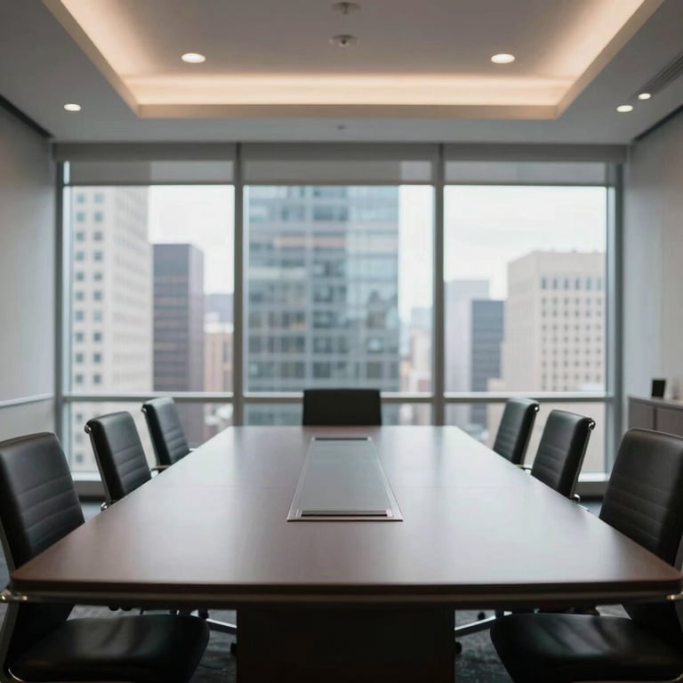 A sophisticated empty meeting room in a North American / US high-rise, showing a blurred city view through floor-to-ceiling windows.