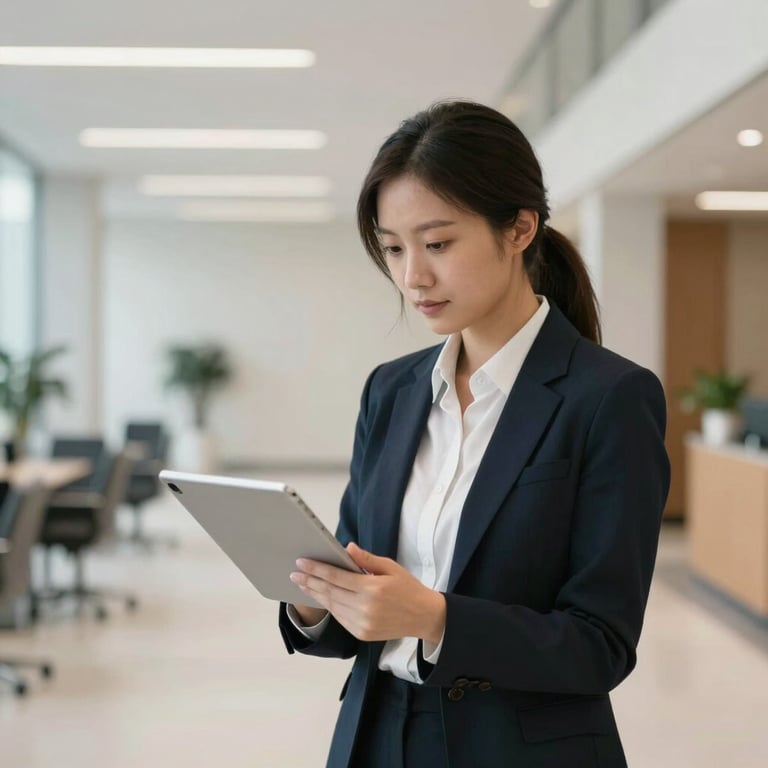 A professional looking thoughtfully at a digital tablet in a clean, modern North American / US office lobby with Soft Off-white lighting.