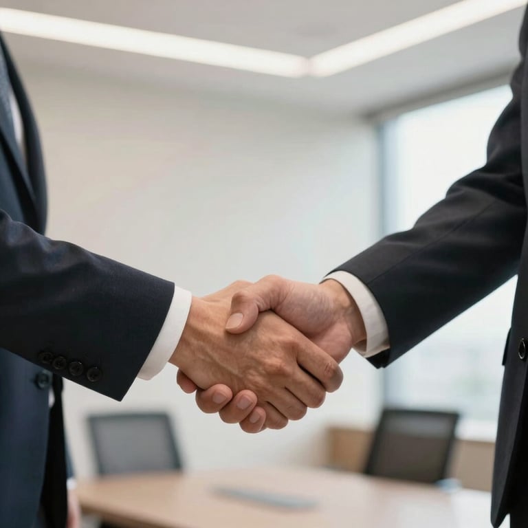 A close-up of a professional handshake between two partners in a bright North American / US office, with Soft Off-white walls and modern aesthetics.