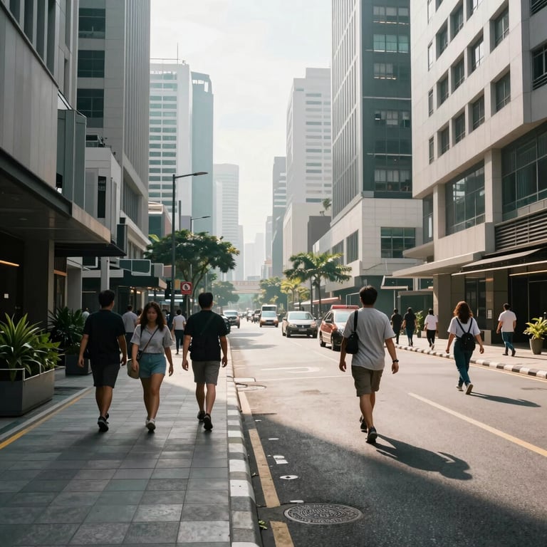 A wide shot of a clean, modern Malaysian city street with people walking in the morning sun.