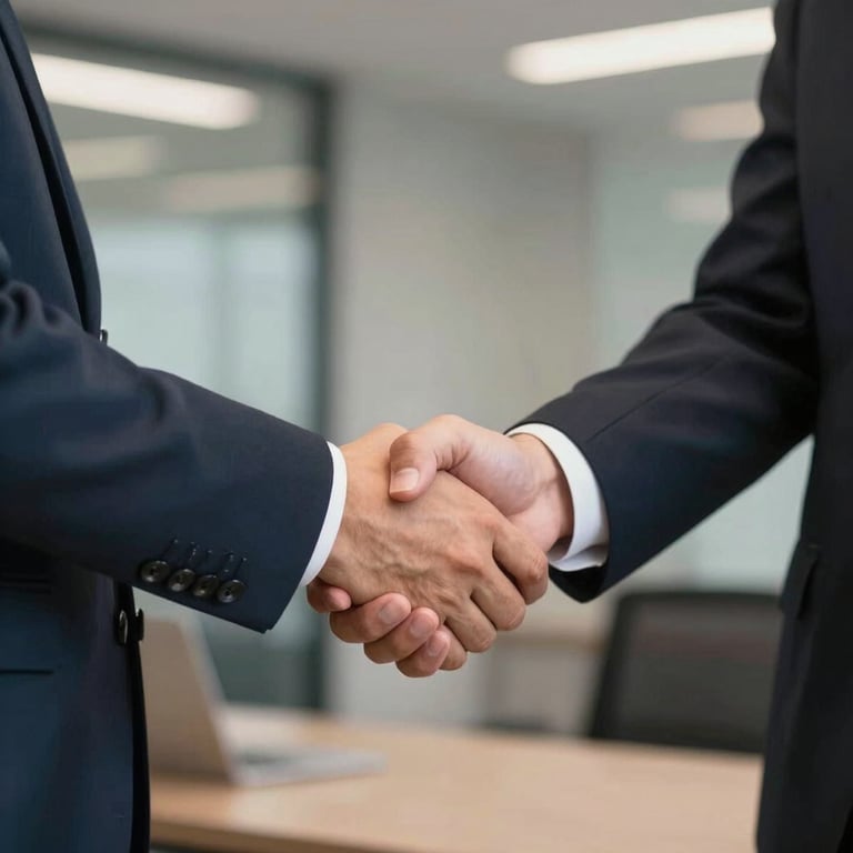 A friendly handshake between two people in a professional Malaysian business setting.