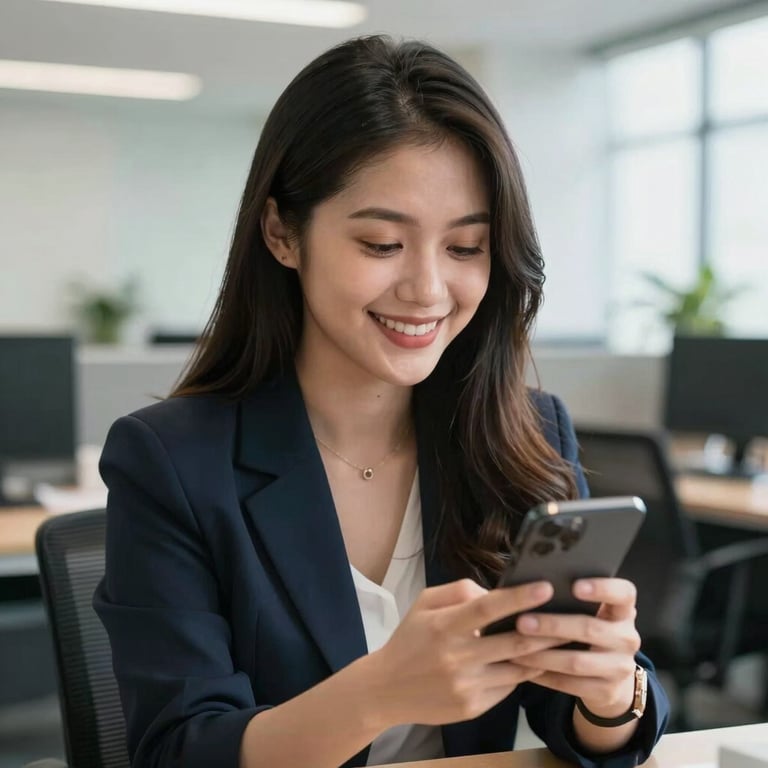 A young Southeast Asian / Malaysian woman smiling while using her smartphone in a bright office.