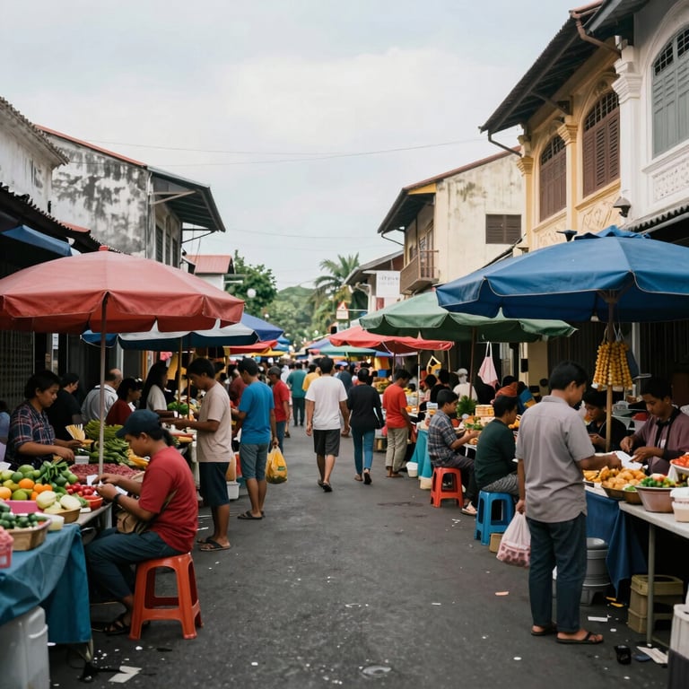 A colorful street market scene in a Malaysian town with people shopping and local life.