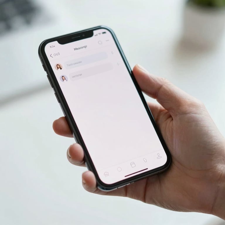A hand holding a smartphone showing a clean messaging interface in a bright environment.