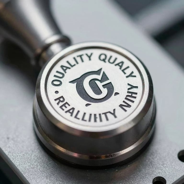 Macro shot of a quality certification stamp on a metallic automotive component, representing reliability.