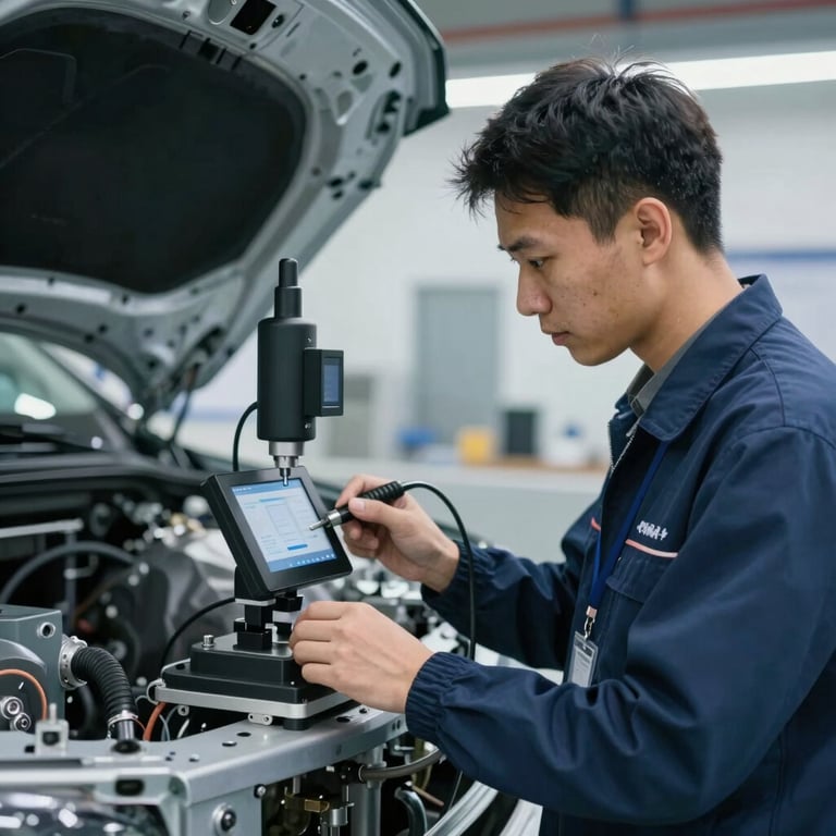 Quality inspector using high-precision digital tools on a car chassis, expert focus, sophisticated industrial style.