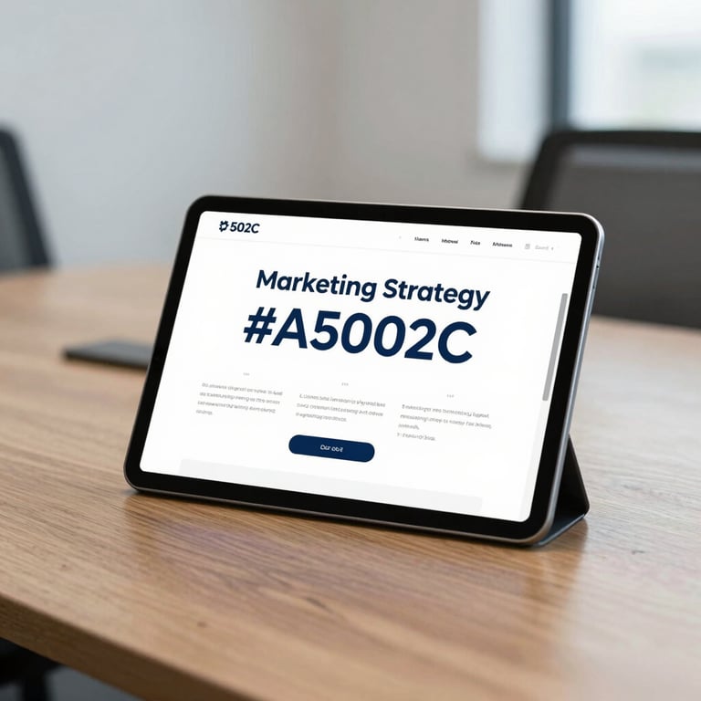 A boardroom table with a digital marketing strategy displayed on a tablet, highlighting the #A5002C brand color.