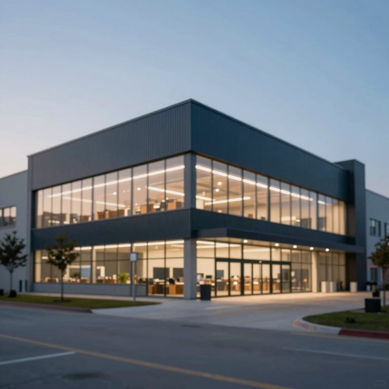 Modern factory exterior at dusk, professional architectural lighting, conveying a forward-thinking brand.