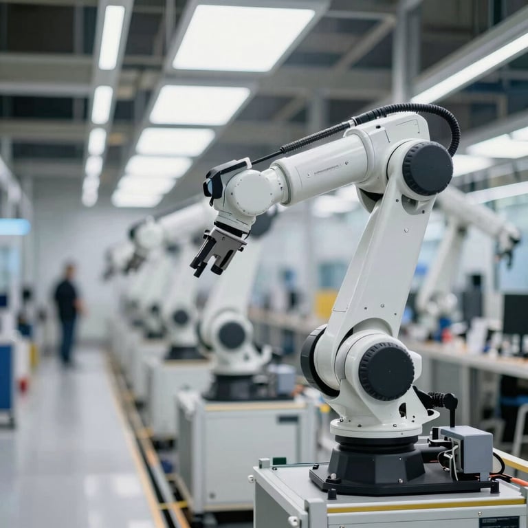 Modern automotive assembly line with robotic arms, high-end professional lighting, #1A1A1A and #F9F9F9 palette.