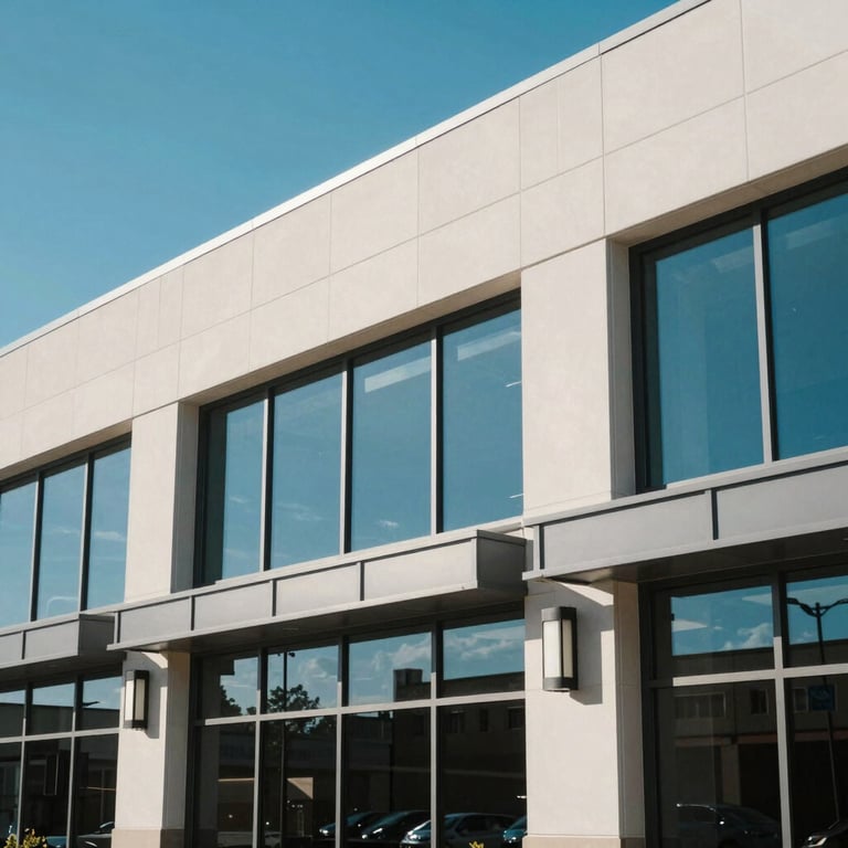 A modern commercial building exterior in North Tulsa with large windows reflecting a bright blue sky and clean architectural lines.