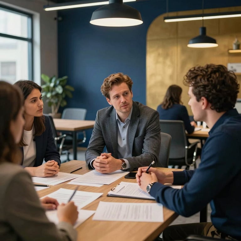 Local entrepreneurs discussing business plans in a modern, shared workspace with navy blue and goldenrod accents in the decor.