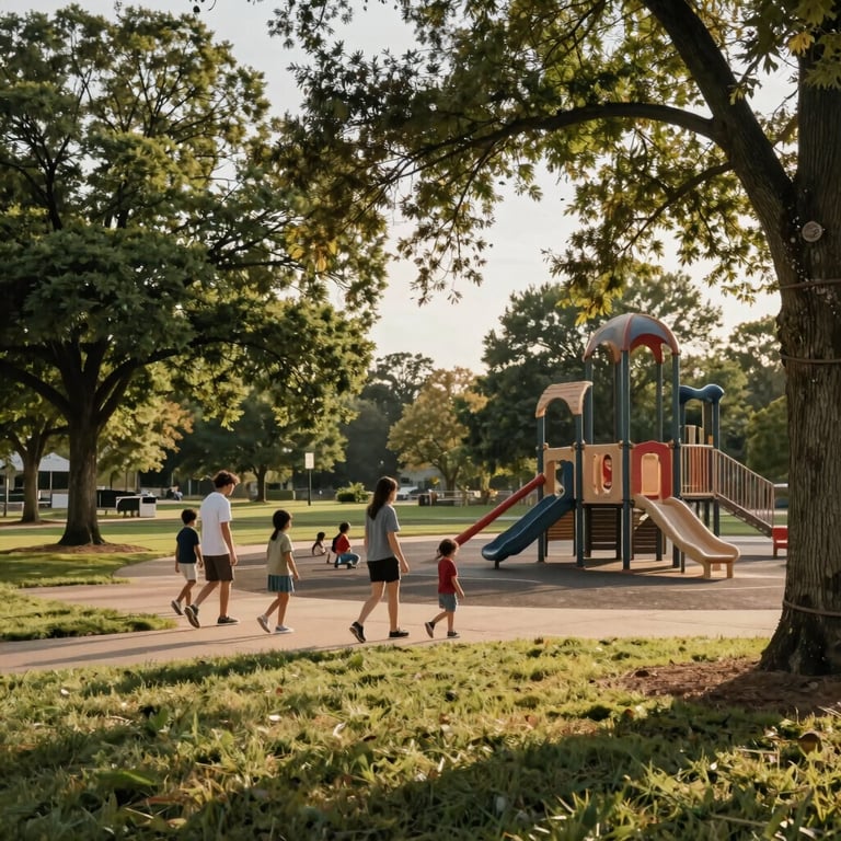 A family walking through a revitalized park in North Tulsa, Oklahoma, with mature trees and a new playground in the soft sunset light.