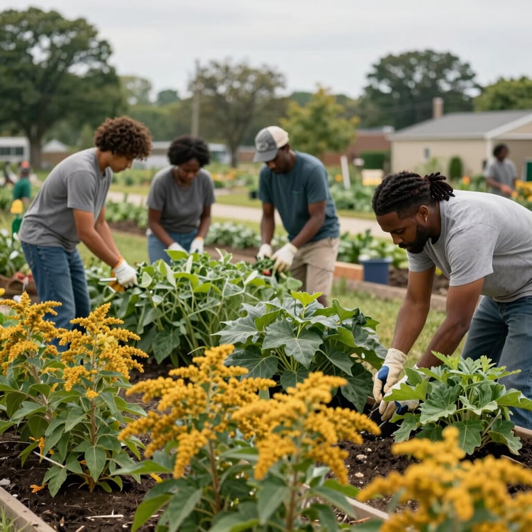 A group of neighbors collaborating at a community garden in North Tulsa, Oklahoma, with lush green plants and goldenrod-colored flowers in the foreground.
