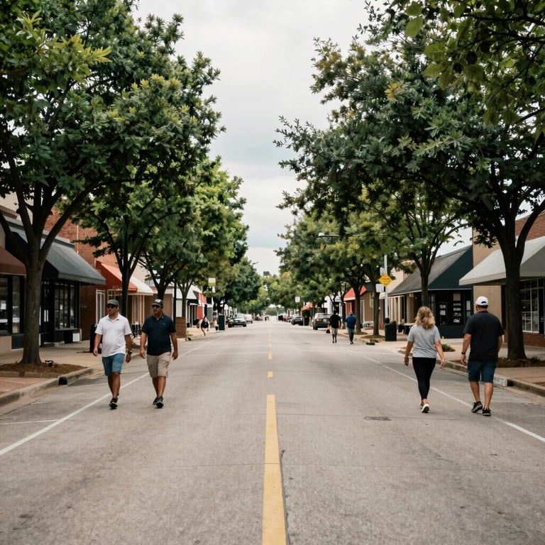 A wide-angle shot of a tree-lined street in North Tulsa featuring people walking and thriving local businesses in a clean urban environment.
