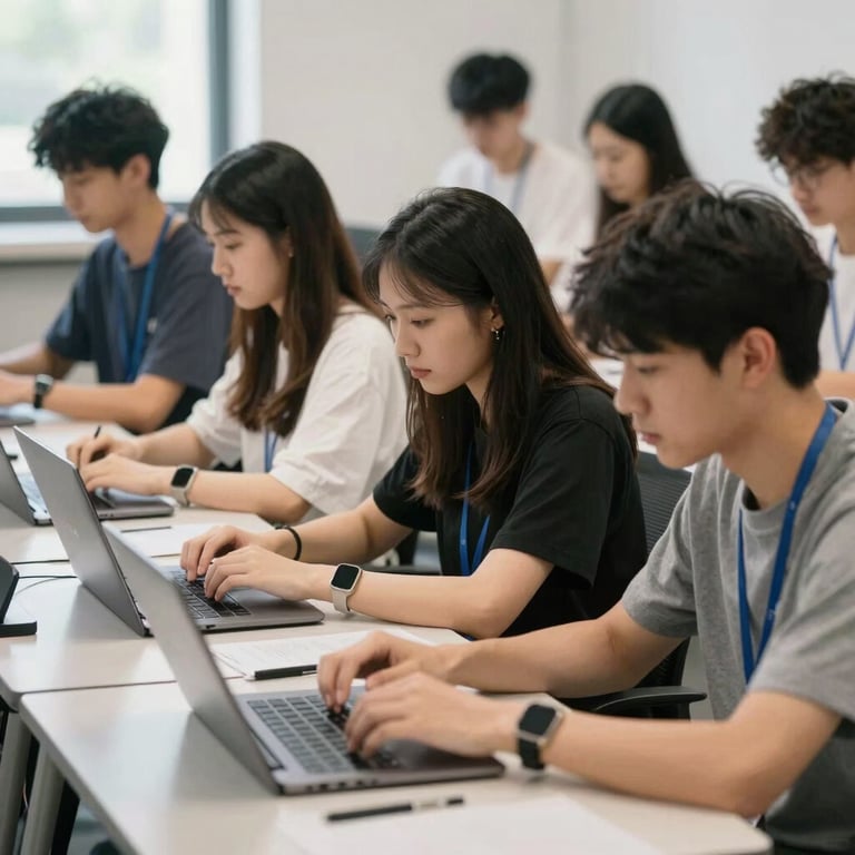 Young adults engaged in a technology training session in a brightly lit classroom, focused on their work in a professional educational setting.