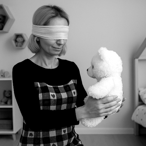 Kobieta z opaską na oczach stoi w jasnym, skromnym pokoju dziecięcym i delikatnie trzyma w dłoniach 