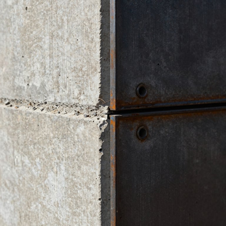 Close-up of a perfectly aligned structural joint where raw concrete meets dark textured steel, natural side lighting highlighting the rich textures.