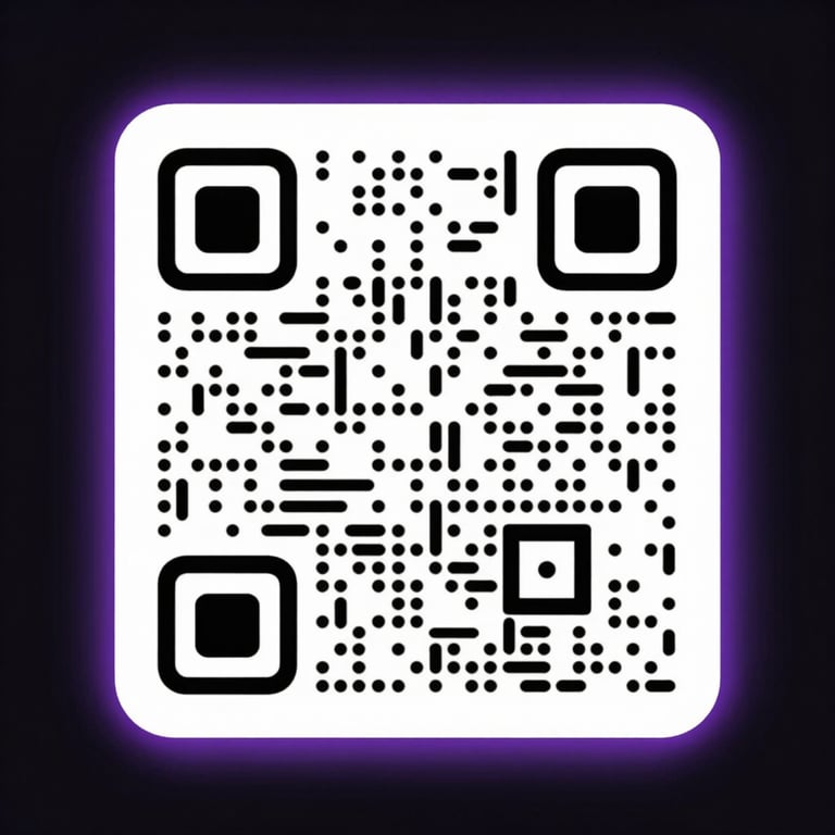 Minimalist abstract QR code with a subtle purple glowing frame on a dark background, clean and premium.