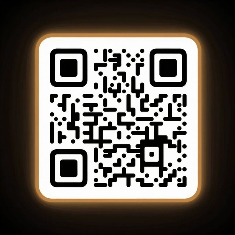 Minimalist abstract QR code with a subtle amber glowing frame on a dark background, clean and premium.