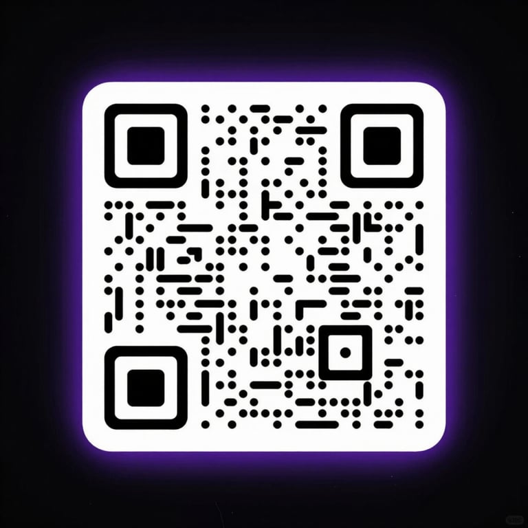 Minimalist abstract QR code with a subtle purple glowing frame on a dark background, clean and premium.