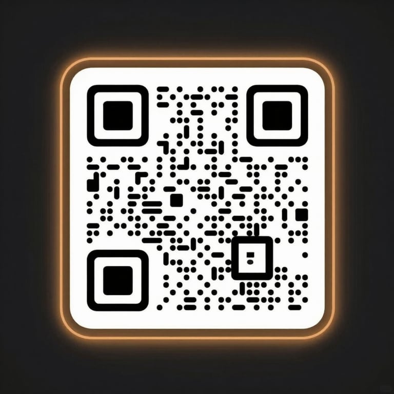 Minimalist abstract QR code with a subtle amber glowing frame on a dark background, clean and premium.