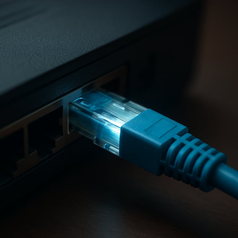 Close-up of a high-speed fiber optic connection cable being plugged into a router, emphasizing fast and secure network solutions.