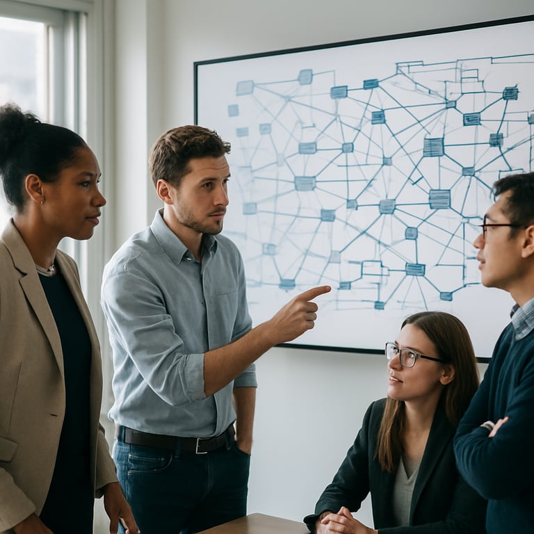 A group of diverse professionals in a bright US office collaborating over a complex network architecture diagram on a large screen.