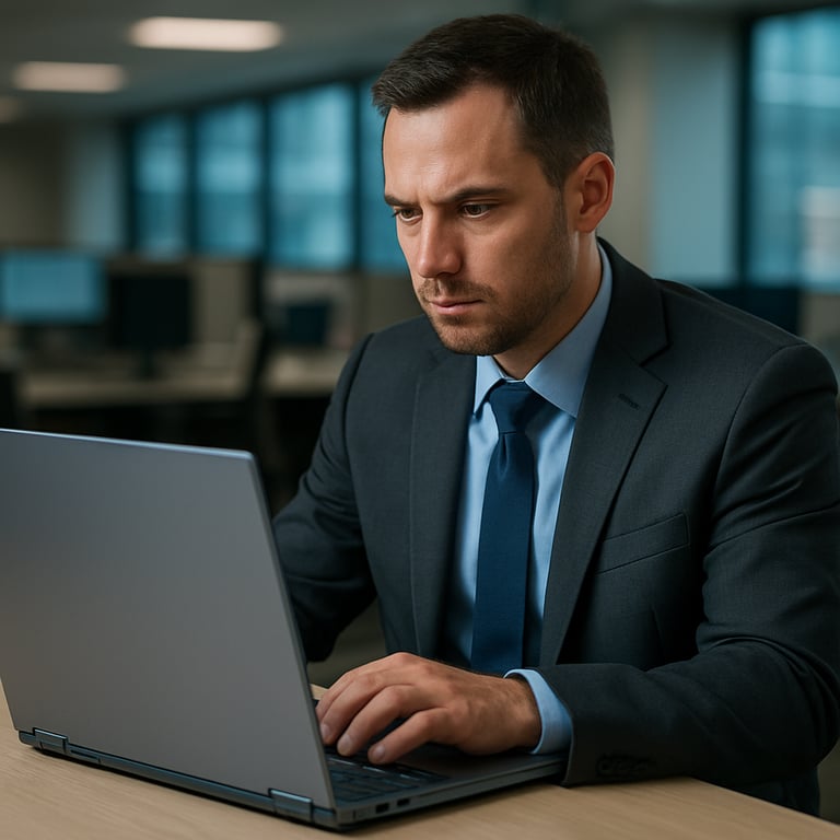 A professional IT consultant in a North American corporate setting, focused and working on a high-end laptop with light blue accents.