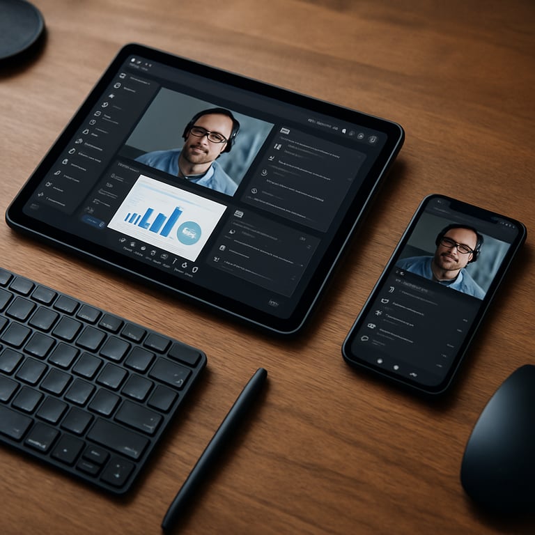 An aerial view of a modern desk featuring a tablet and smartphone with professional software, emphasizing seamless remote assistance.