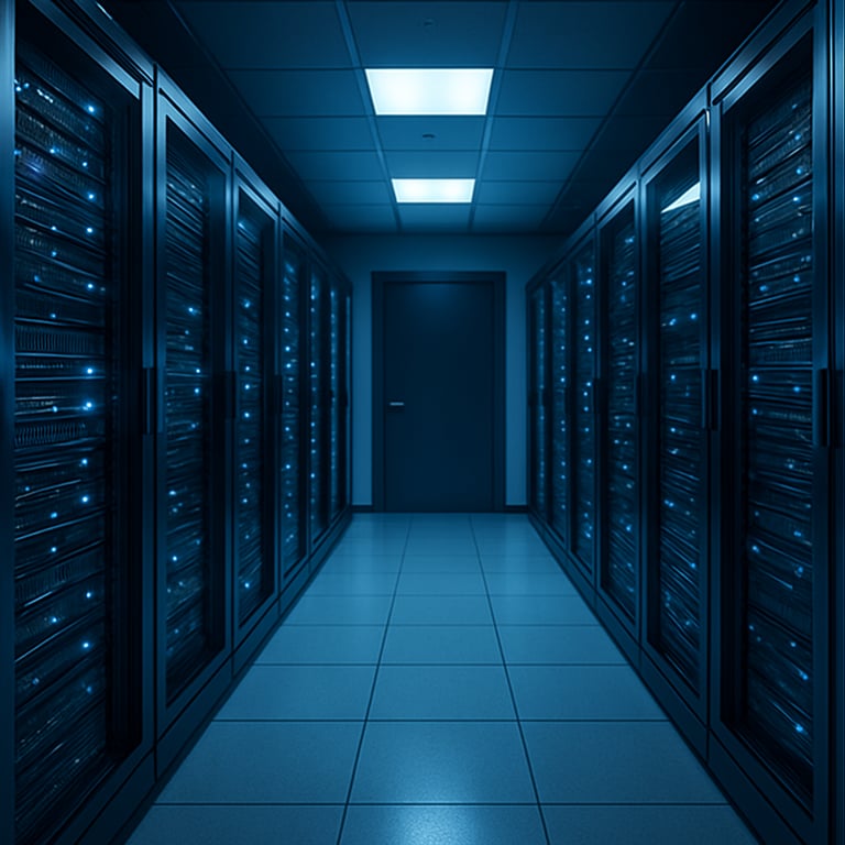 A clean, organized server room with subtle navy and light blue lighting reflecting off metal surfaces.