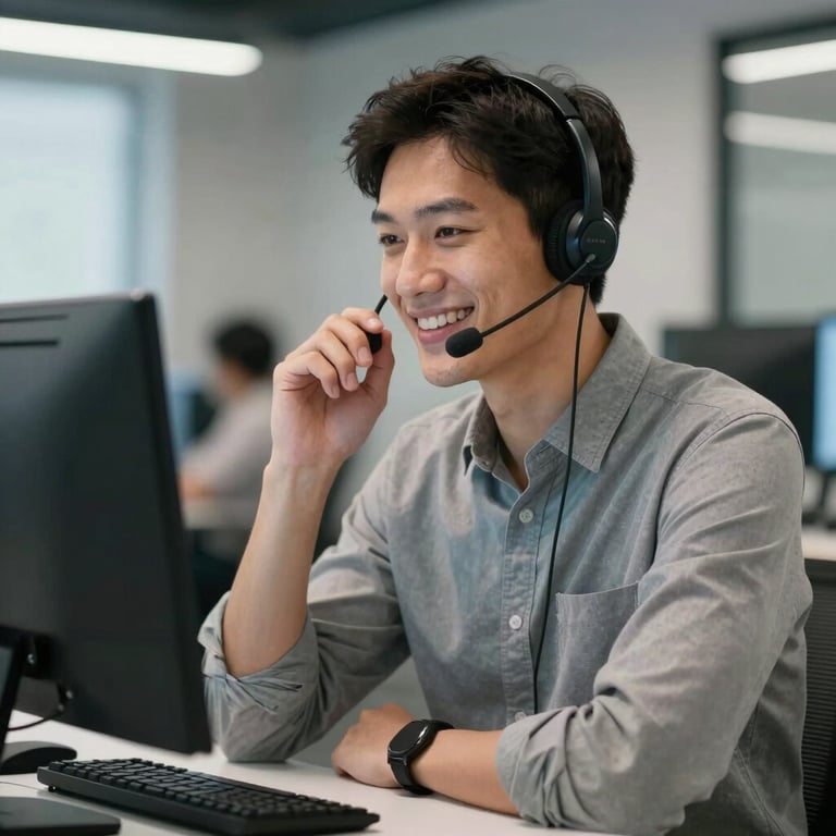 A technician smiling while speaking on a headset, providing friendly and accessible remote tech support from a modern office.