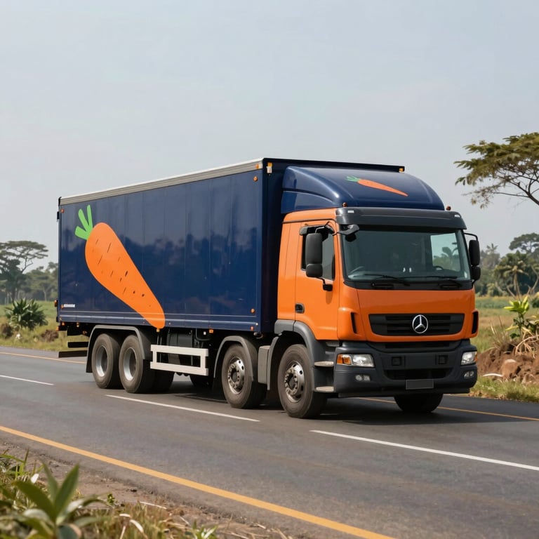A distribution truck branded in midnight blue and carrot orange colors, traveling along a modern paved road through a scenic Nigerian landscape.
