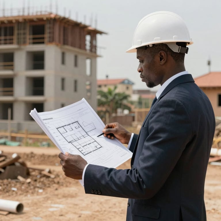 A professional real estate developer inspecting a new construction site in a developing West African urban district, holding detailed architectural plans.