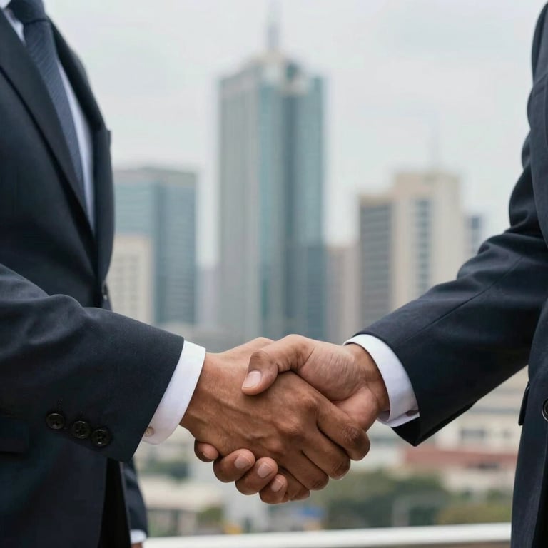 A close-up of two business professionals in Lagos shaking hands to symbolize a successful partnership, with a blurred modern cityscape in the background.