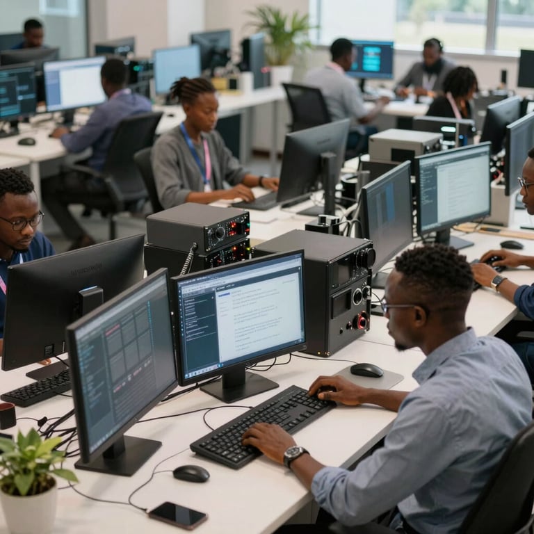 A high-angle shot of a modern ICT workspace in a West African tech hub, showing professionals working on advanced communication systems and digital commerce.