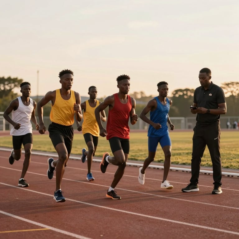 A group of young West African athletes training on a professional track, supervised by a talent manager in professional gear during a golden hour sunset.