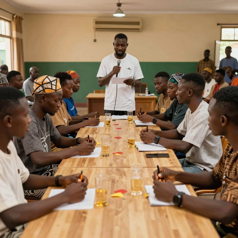 A lively social engagement activity in a Nigerian community hall, featuring a competitive quiz event with engaged participants and a professional host.