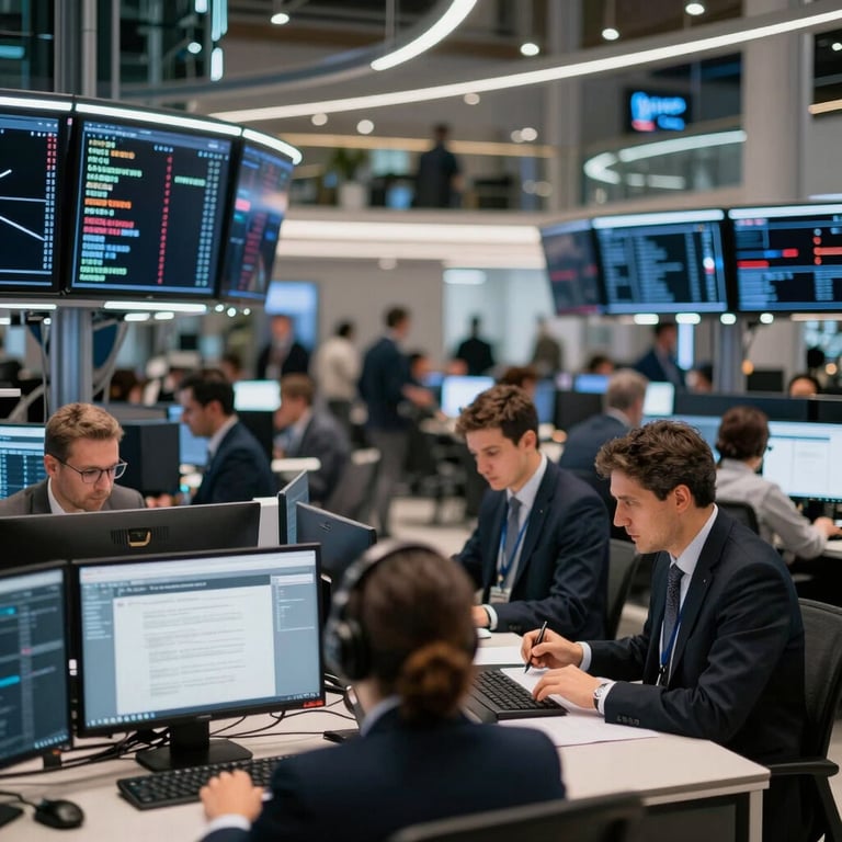 Modern trading floor in a European financial capital with blurred professionals working in a sleek environment.