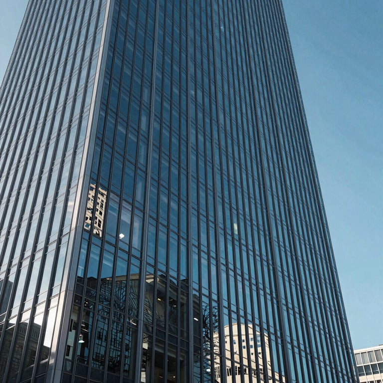 Architecture of a modern glass skyscraper reflecting a clear Sky Blue sky in a French business hub.