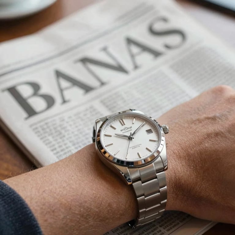 Detailed shot of a luxury watch on a wrist next to a financial newspaper in a bright cafe.