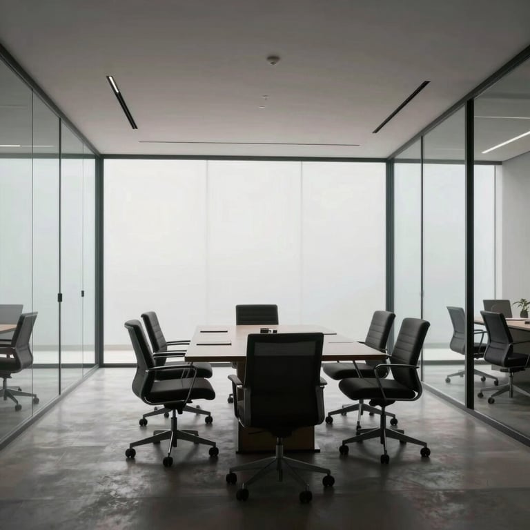 Minimalist meeting room with glass walls and professional furniture in a modern office.