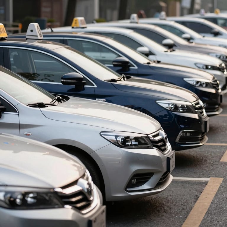 A row of well-maintained, silver and dark blue cars parked at a taxi rank in a clean urban environment.